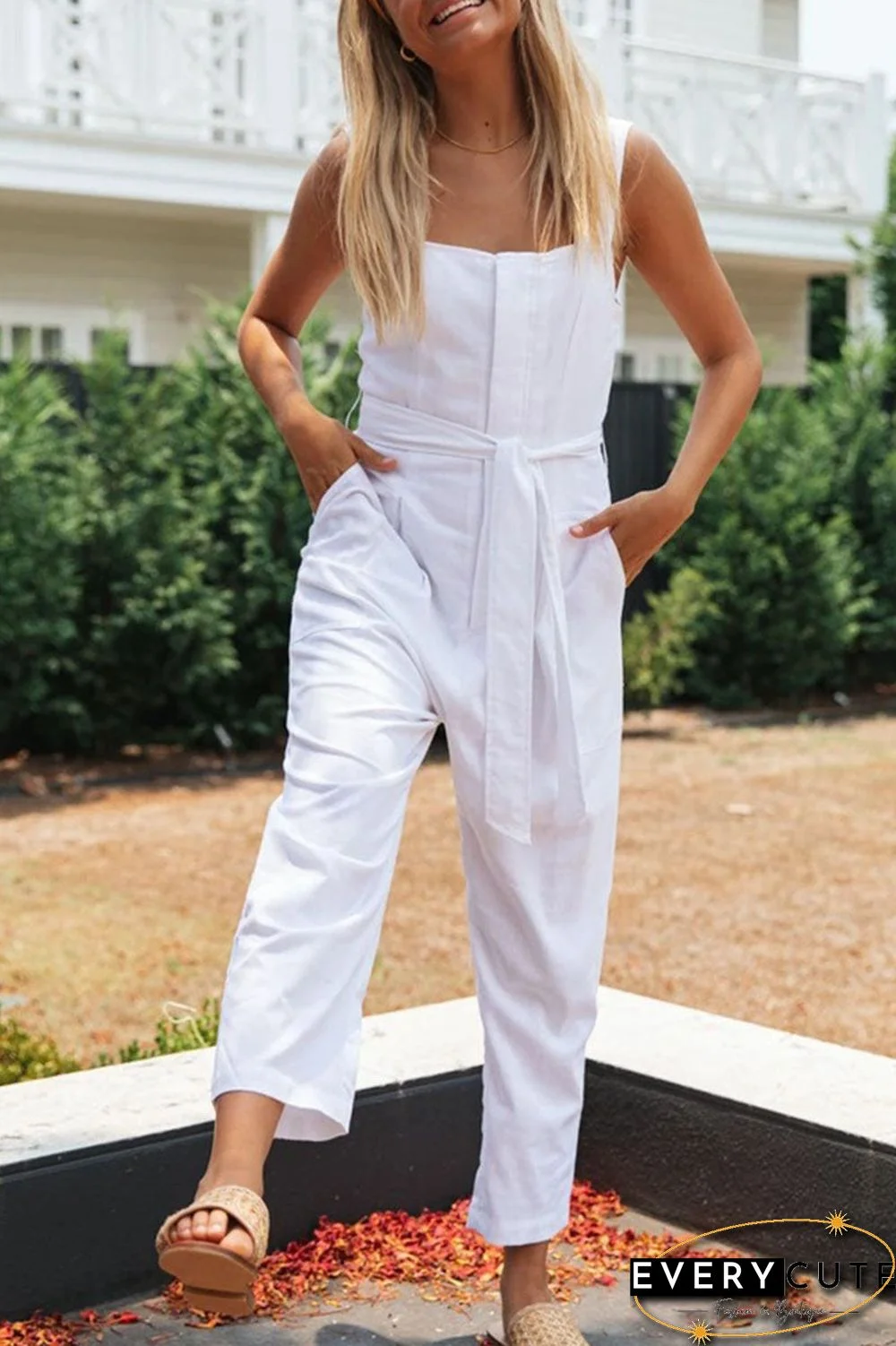 Fashion Street Solid Split Joint Square Collar Loose Jumpsuits