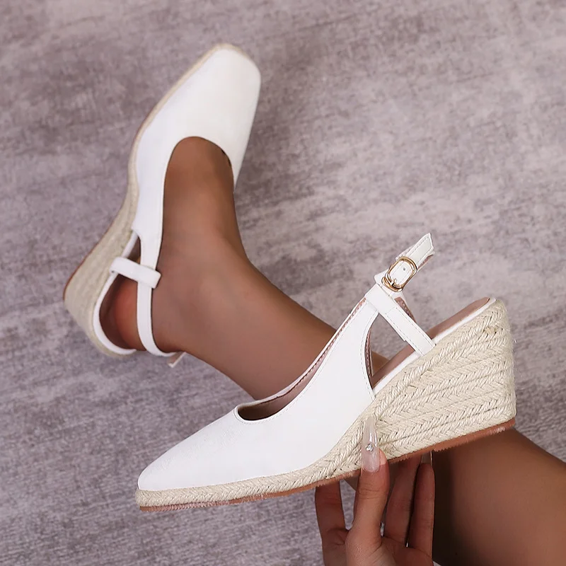 Wongn Wongn Square Head Thick Bottom High Heel Head Drag Straw Hemp Bottom One-Line Women's Single Shoes