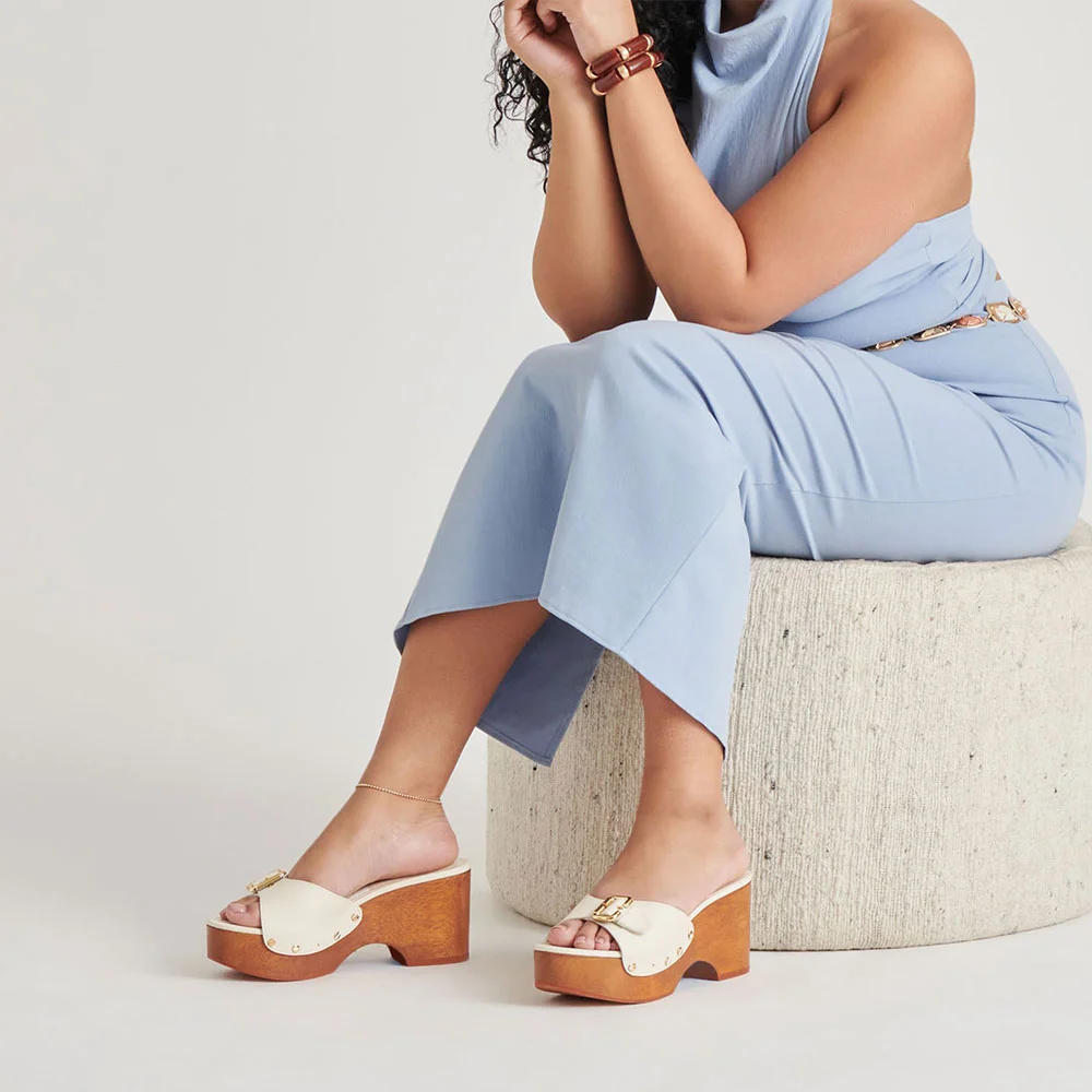 White Open Round Toe Studded Platform Mules Sandals with Buckle