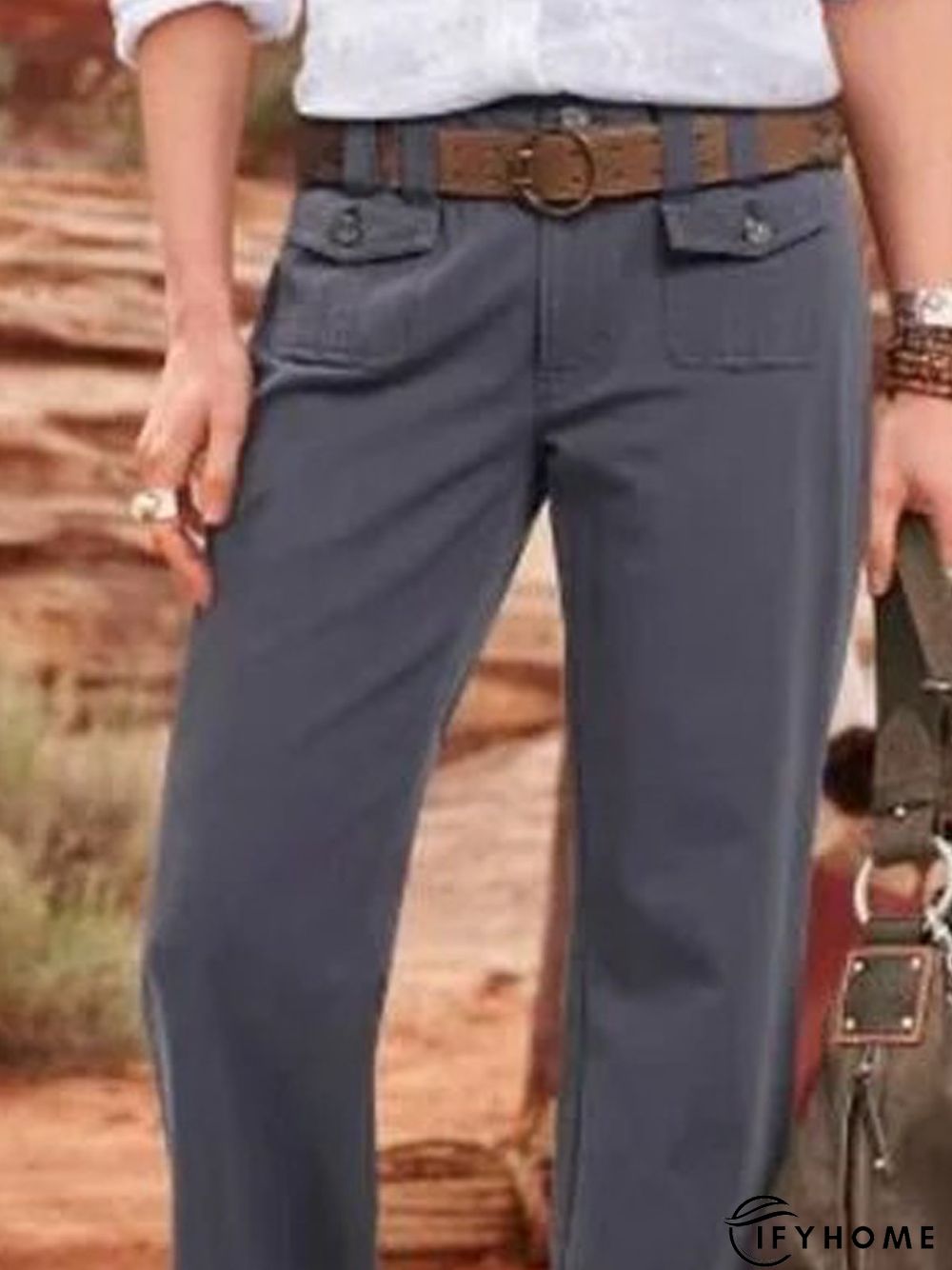 Gray Plain Cotton-Blend Casual Pants | IFYHOME