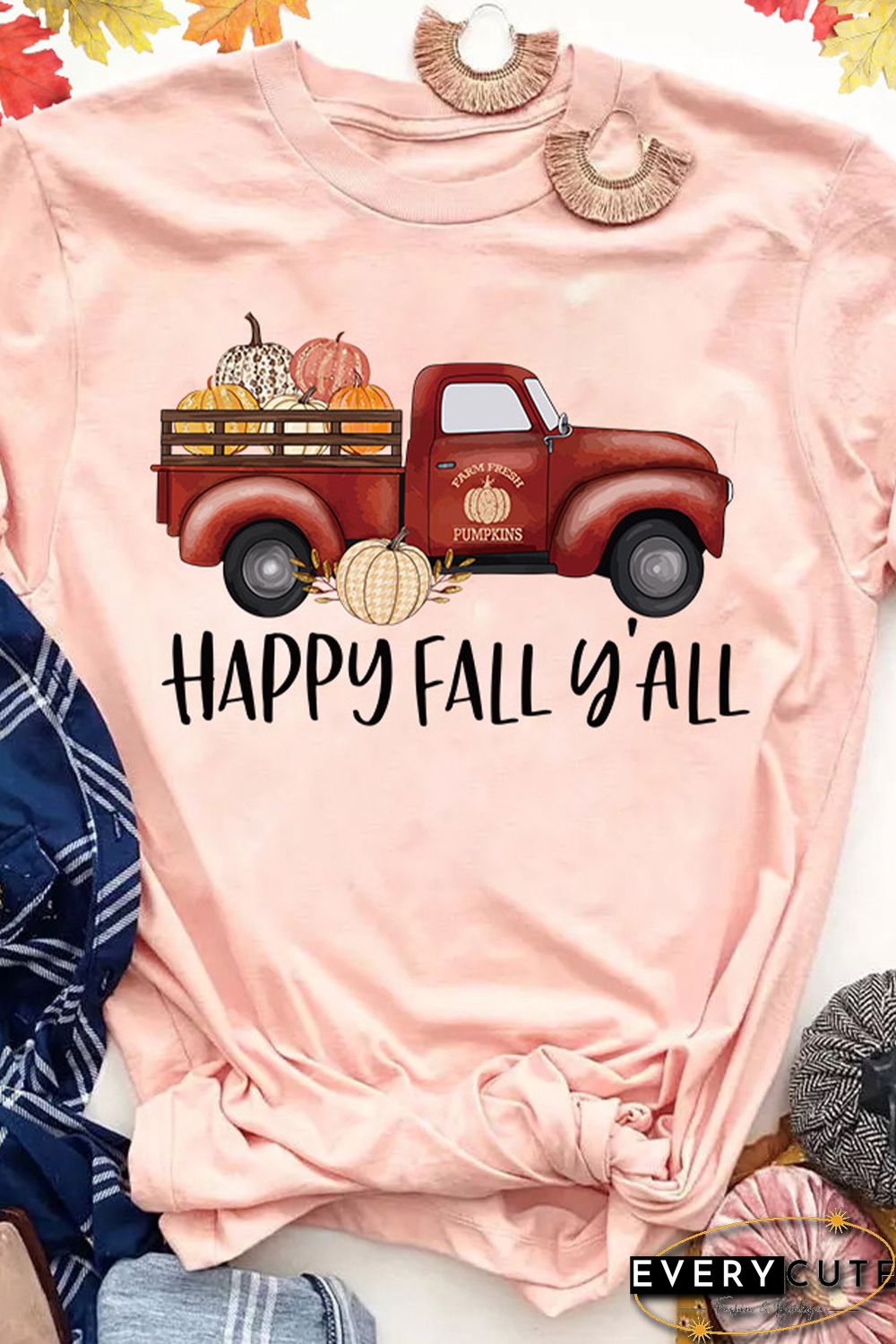 Pink Happy Fall Pumpkin Truck Graphic Tee