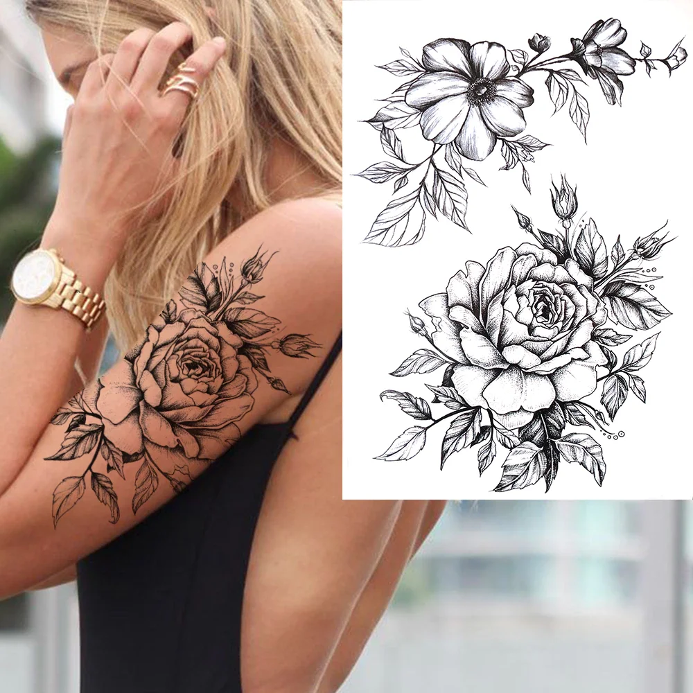 Sdrawing Lily Flower Temporary Tattoos For Women Adults Fake Lotus Orchid Dahlia Peony Tattoo Sticker Black Waterproof 3D Tatoos Arm