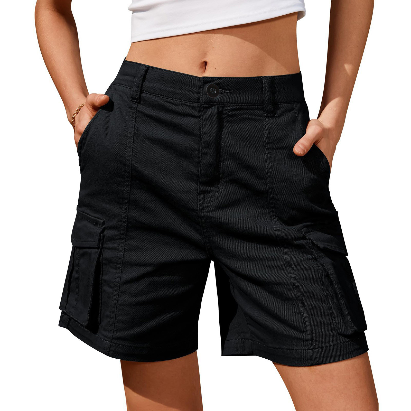 Summer Shorts For Women Cargo Shorts Knee Length Pockets Elastic Waist Long Shorts Casual Loose Straight Leg Shorts
