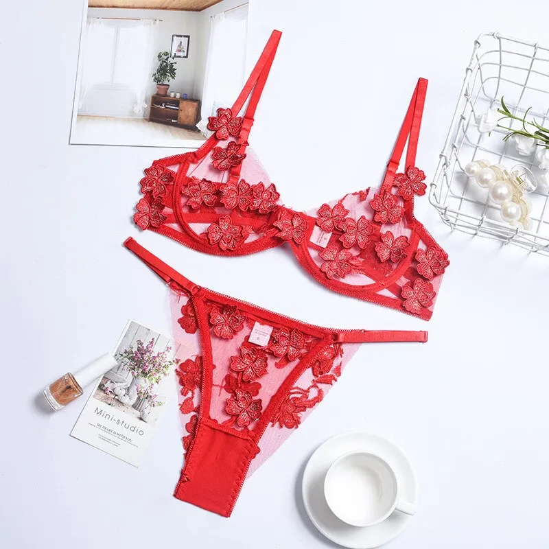 Billionm Sexy Lace Lingerie Set Floral See Through Bra Panty Nightwear Transparent Pink Underwear Women Embroidery Sheer Under Wear Sex