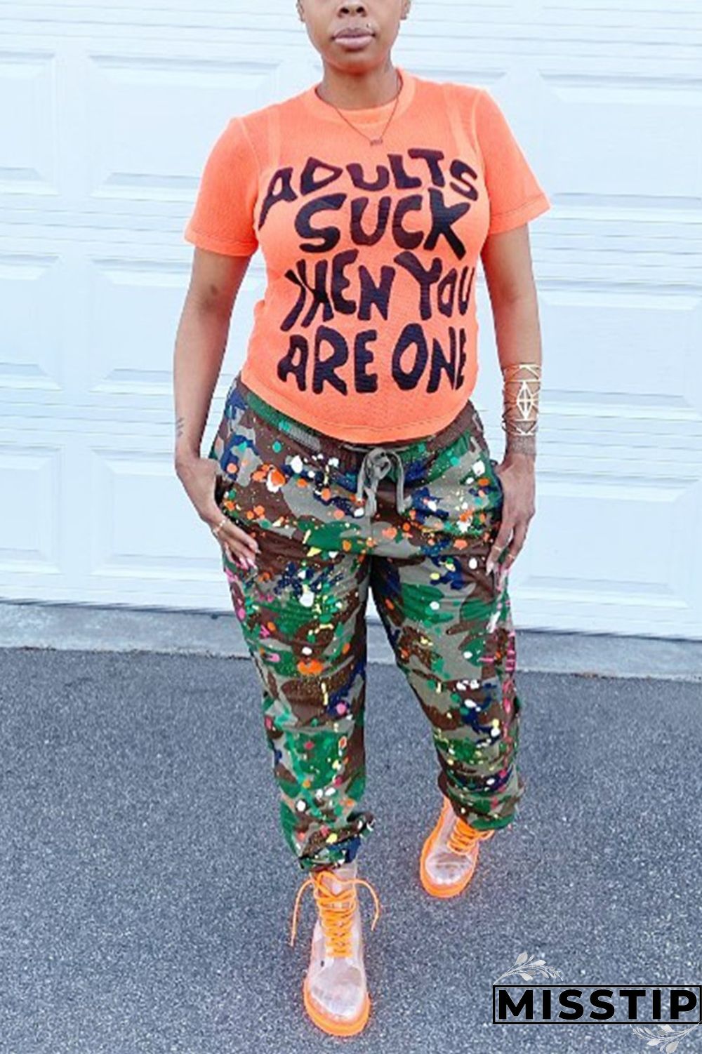 Green Fashion Camouflage Print Basic Regular Trousers