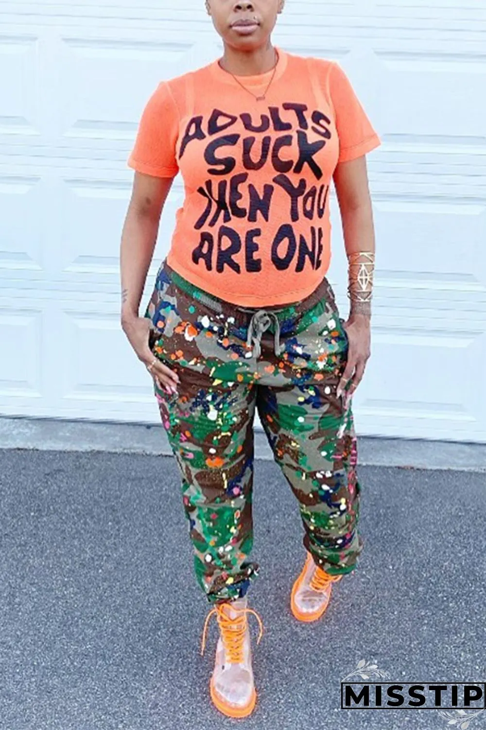 Green Fashion Camouflage Print Basic Regular Trousers