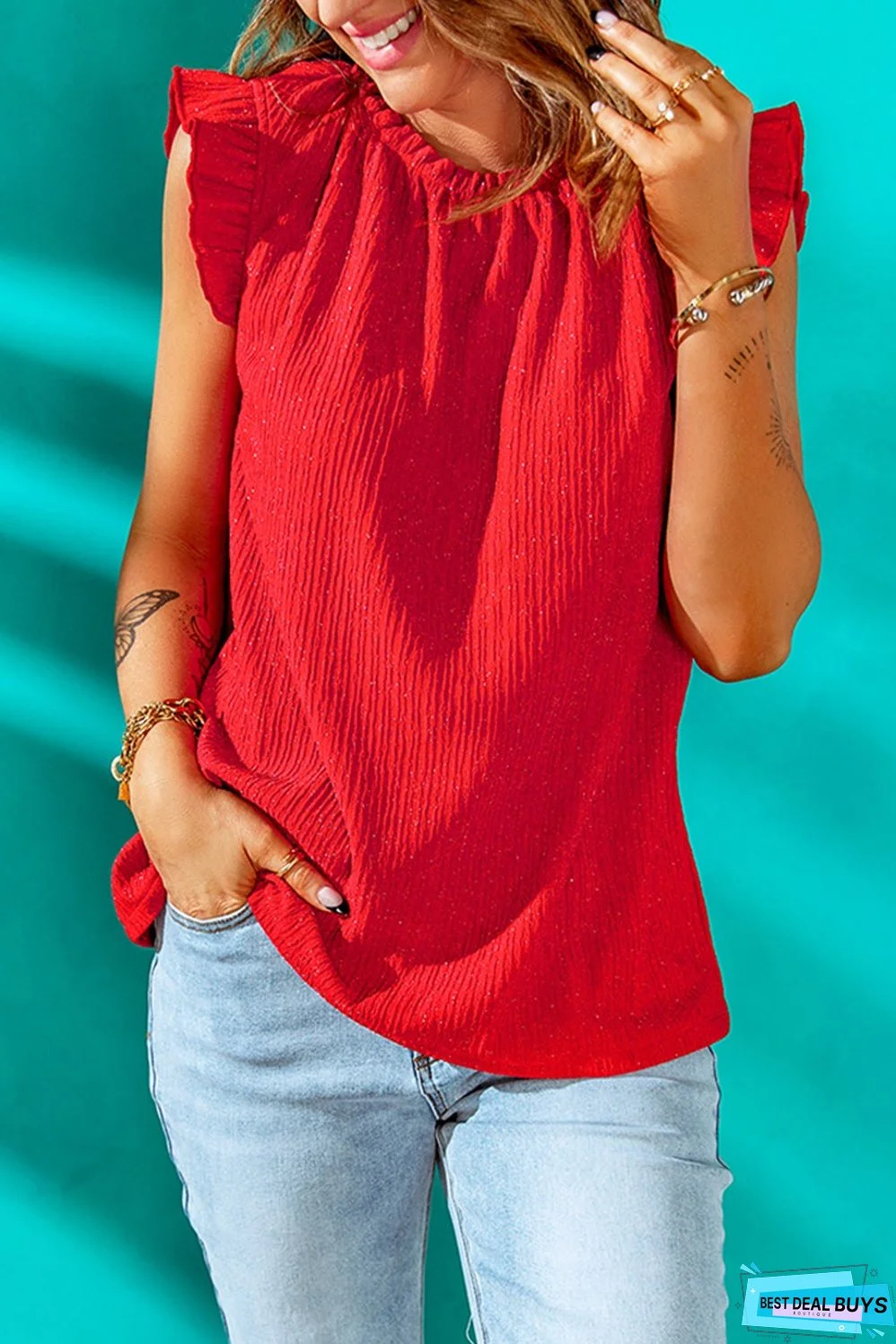 Red Ruffled Ribbed Sleeveless Top