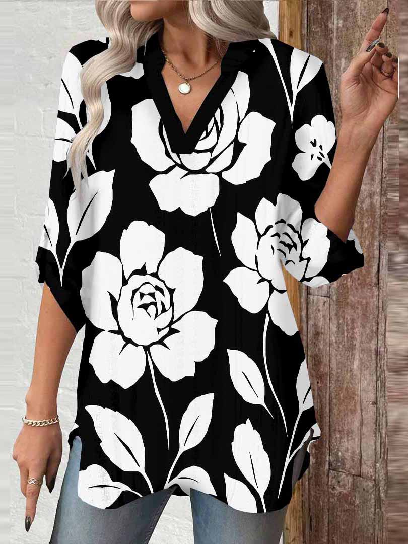 Women Floral, Black, White DZGA0149 3/4 Sleeve V-neck Printed Graphic Button Tops