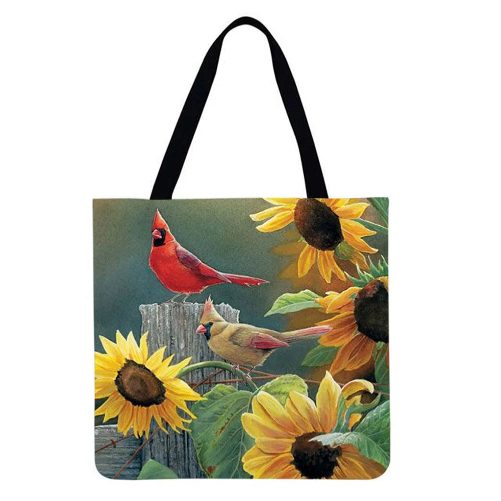 Linen Tote Bag-Sunflower and bird