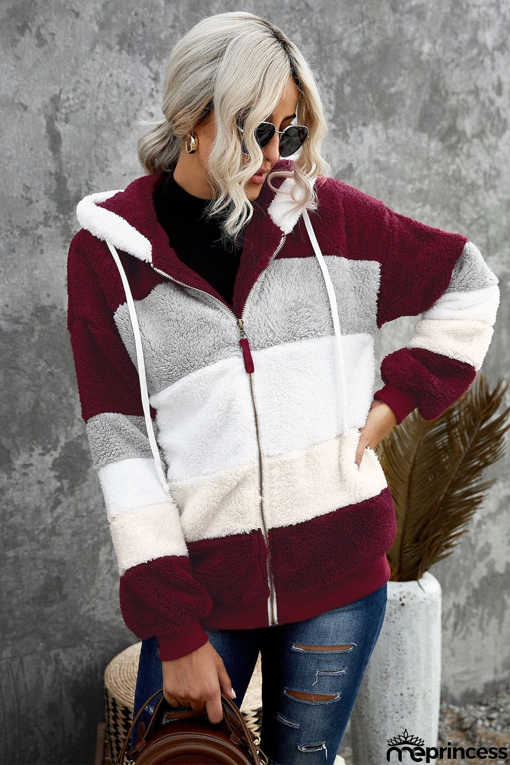 Colorblock Zip Up Sherpa Coat with Hooded