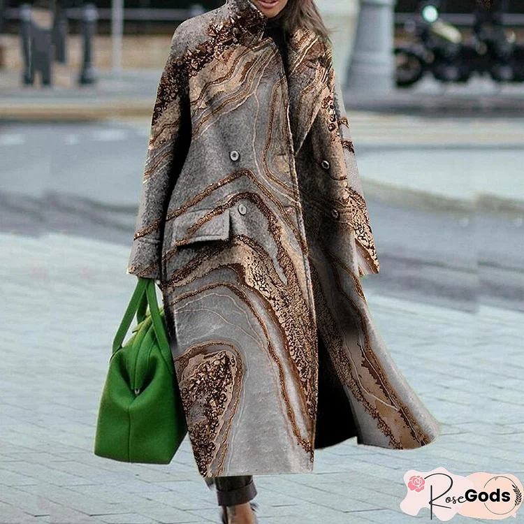 Elegant Turn-Down Collar Woolen Overcoats Winter Double-Breasted 
Loose Outerwear Fashion Pattern Print Warm Long Cardigan Coats