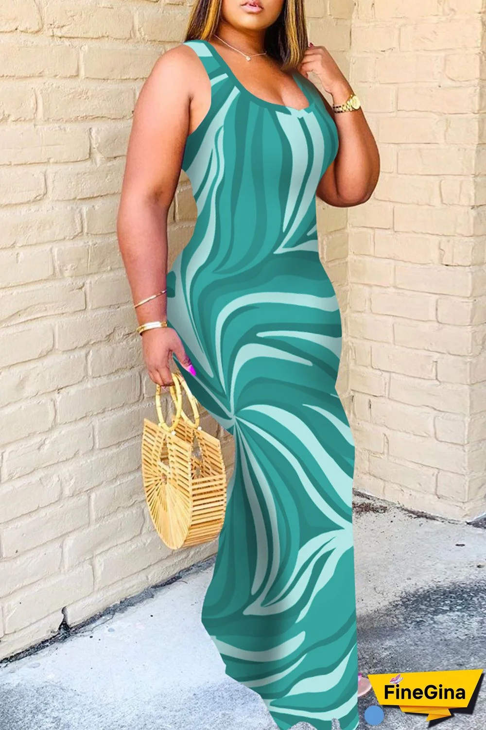 Tangerine Red Sexy Print Basic U Neck Vest Dress Dresses