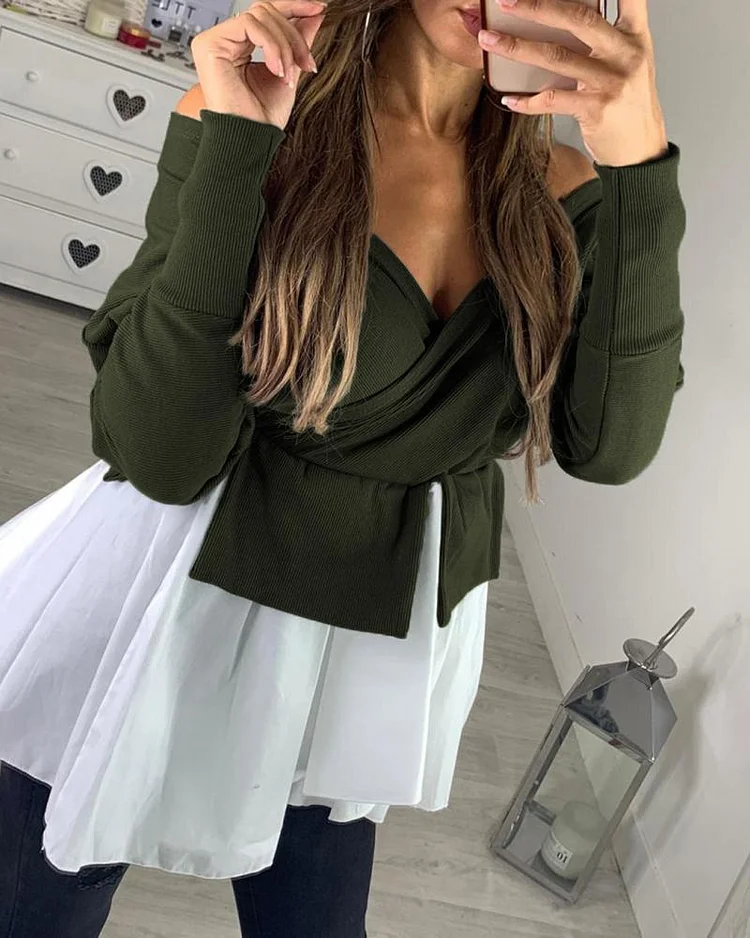 Off Shoulder Batwing Sleeve Colorblock Insert Ruffles Blouse-elleschic