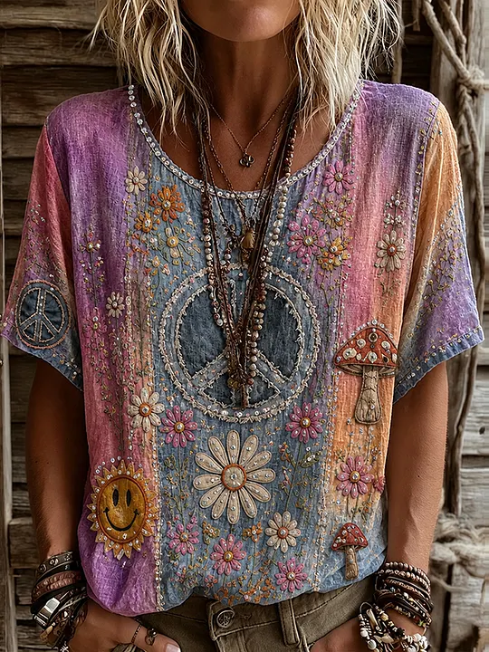 Women's Vintage Hippie Floral Patchwork Art Linen Blend Short