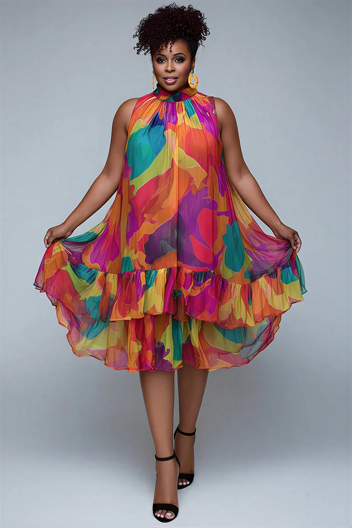 Xpluswear Design Plus Size Vacation Sundress Multicolor Graphic Halter Collar Ruffle Chiffon Midi Dresses 2024 - Xpluswear