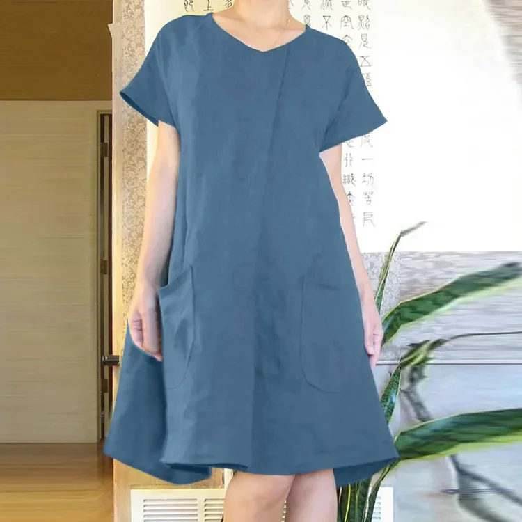 Women's V Neck Solid Color Elegant Short Sleeve Dress with Pockets socialshop