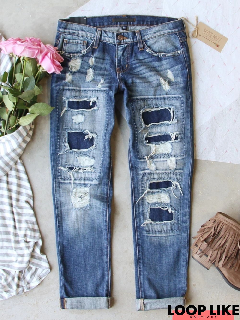 Blue Denim Printed Casual Jeans