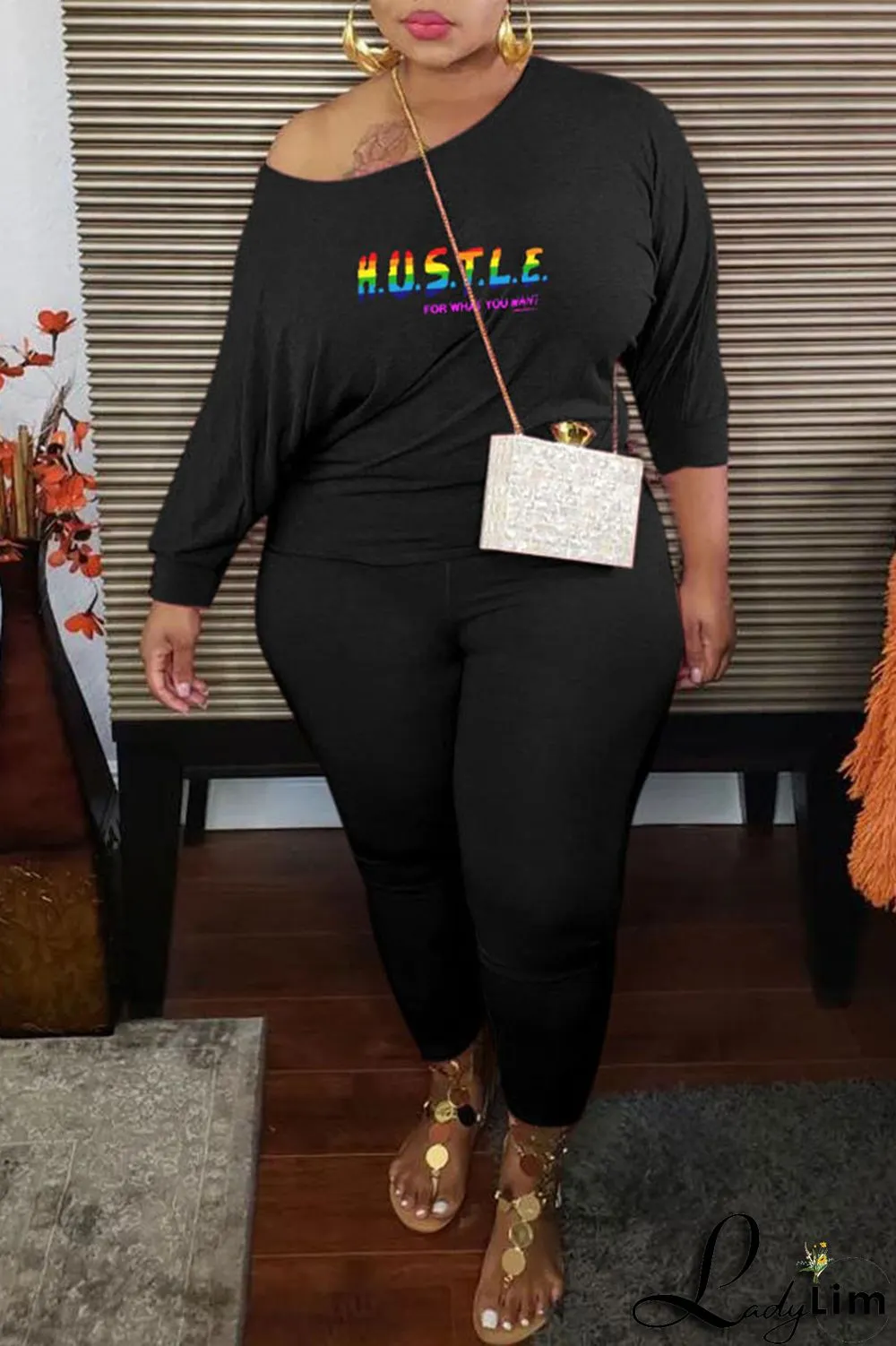 Black Fashion Casual Print Basic O Neck Long Sleeve Plus Size Two Pieces