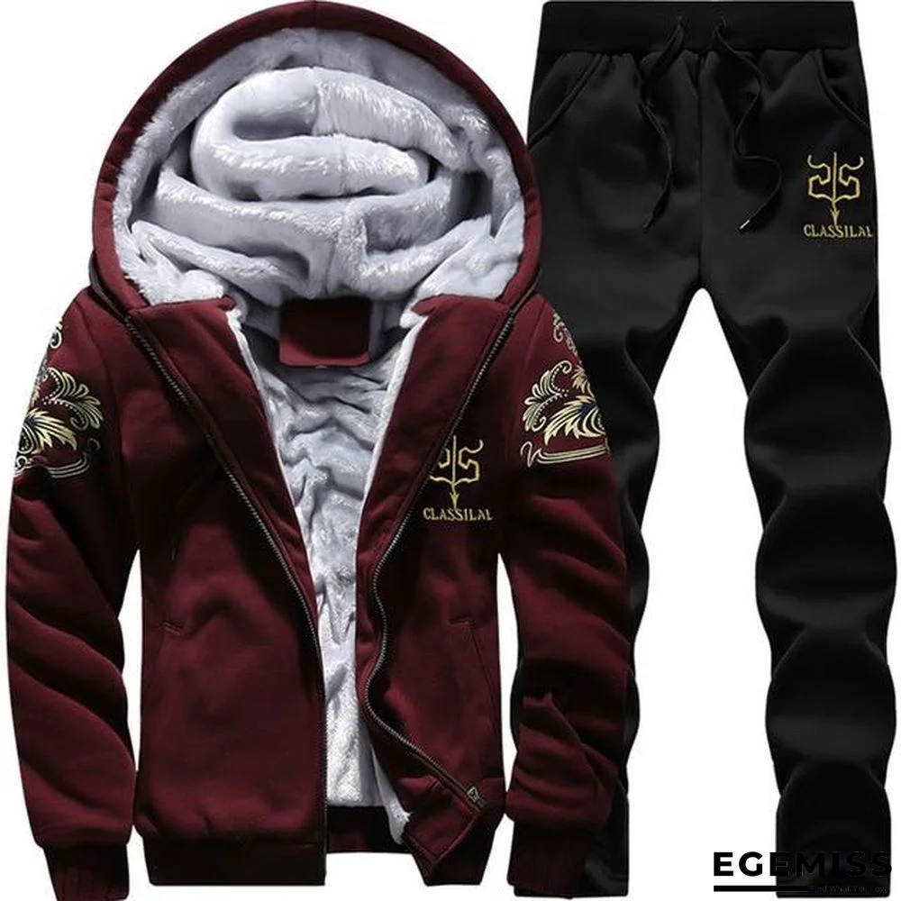 Men Fleece Warm Printed Coat Hooded Pullover Hoodie Sweatshirts+Sweatpants Suit | EGEMISS