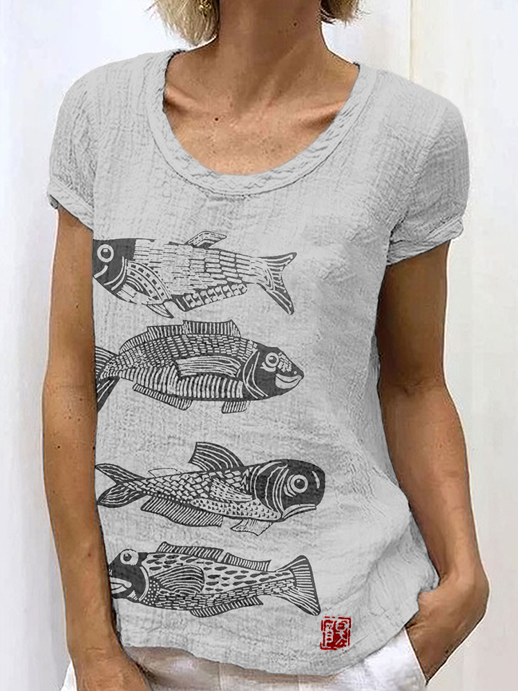 Comstylish Fish Japanese Lino Art Linen Blend Shirt