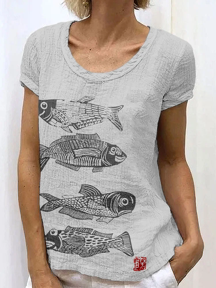 Fish Japanese Lino Art Linen Blend Shirt