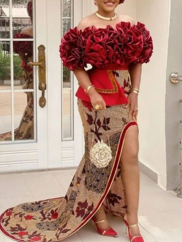 Off-The-Shoulder Applique Floral Printed Split-Side Maxi Dress