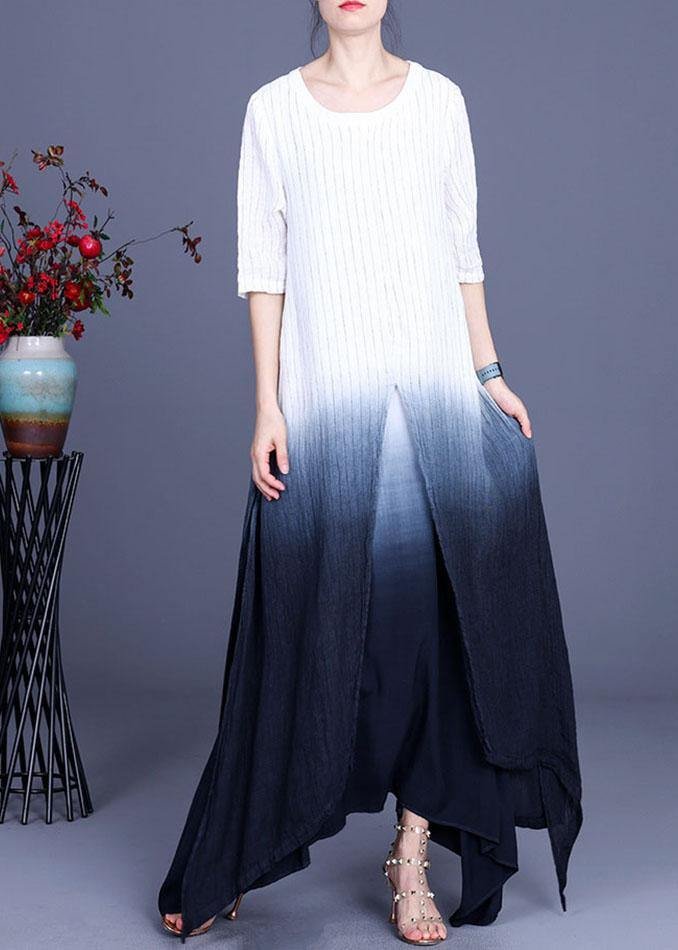 Elegant Striped Tie Dye asymmetrical design Cotton Linen Summer Dress