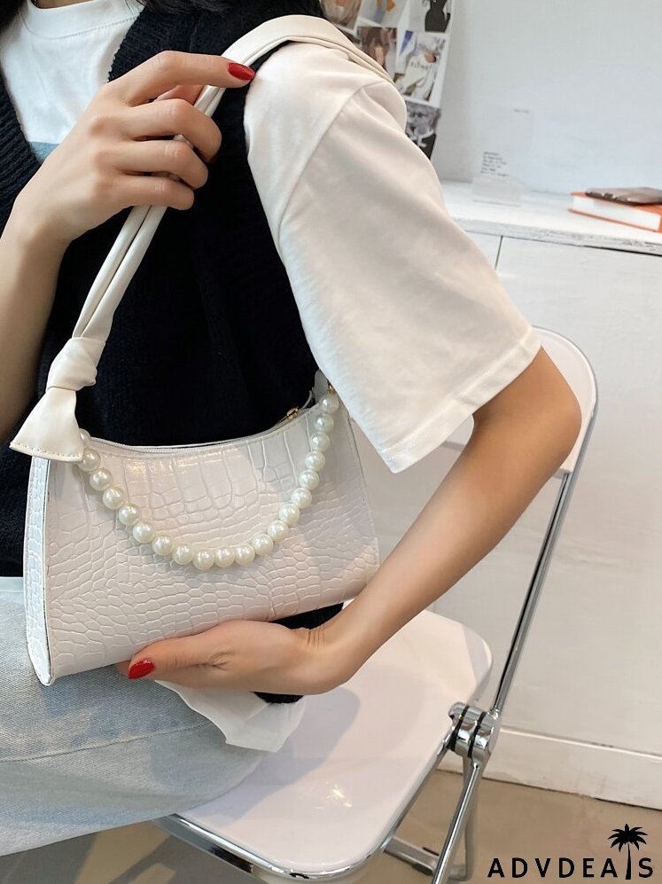 Faux Pearl Beaded Croc Embossed Shoulder Bag