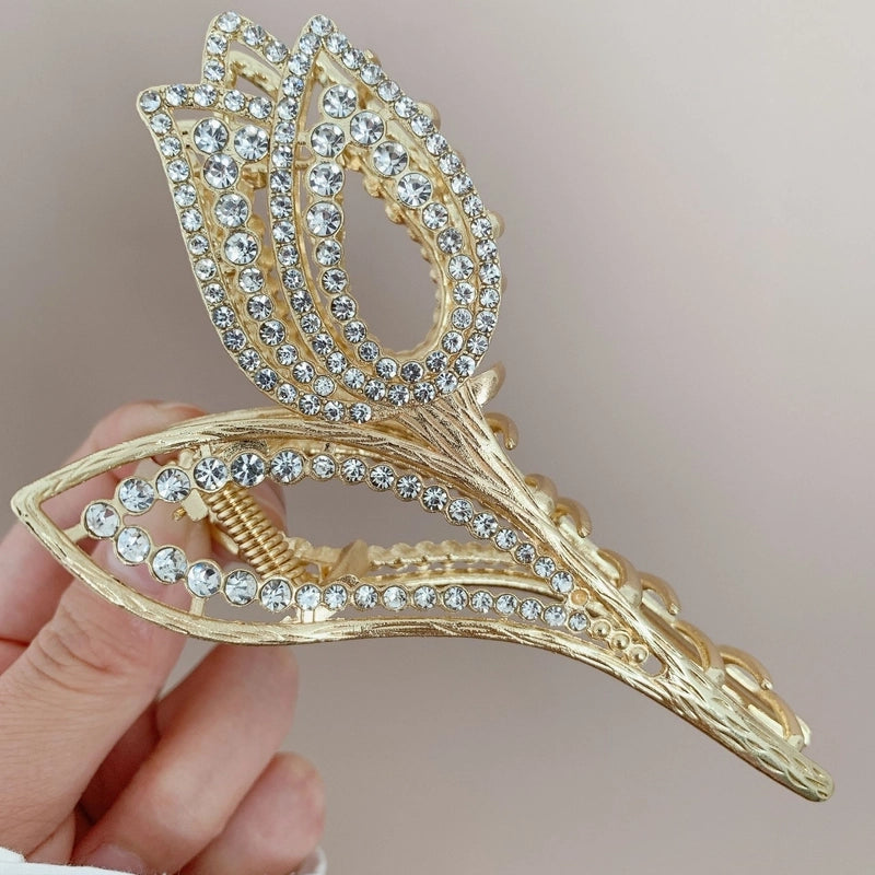Women’s Luxurious Shiny Flower Tulip Metal Inlay Rhinestones Pearl Hair Claws