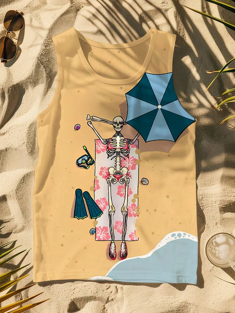 Men's Skeleton Sunbathing Vacation Art Print Tank Top