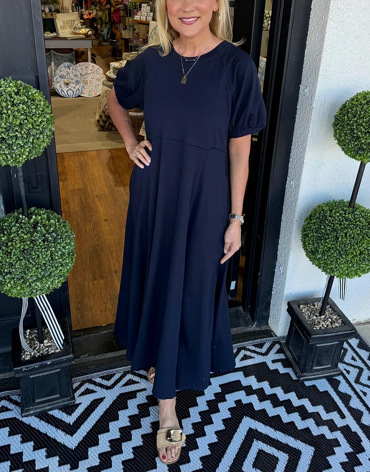 🔥Women's Solid Color Puff Sleeve Round Neck Long Dress（Buy 2 Free Shipping）