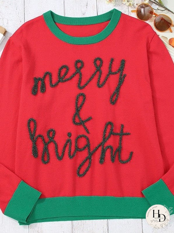 Women'S Casual Christmas Sweater With Letter Print Round Neck Long Sleeve Top