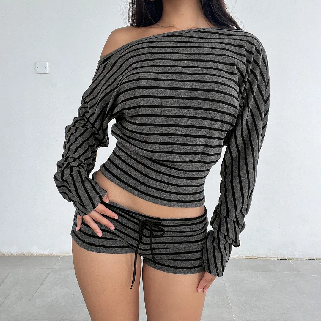 Women's Striped Off-Shoulder Loungewear Set