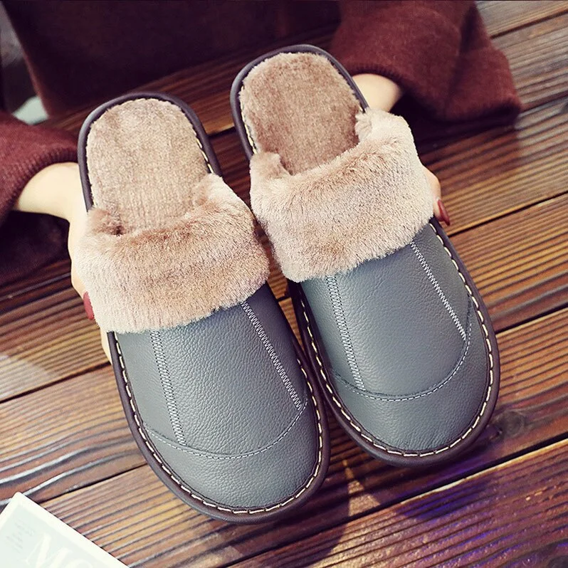 Female Slippers Genuine Leather Women's Slippers for Home Soft Velvet Plush Slippers Indoor Comfy Waterproof  Shoes Woman