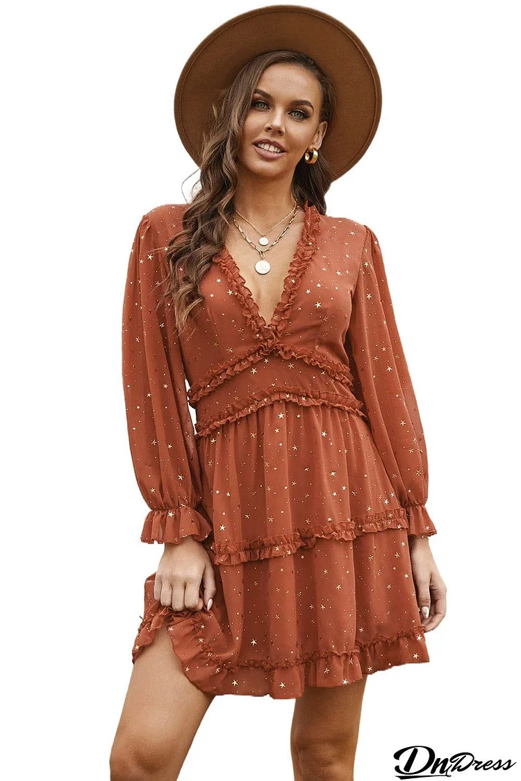 Rust Glitter Stars V Neck Backless Ruffle Mini Dress