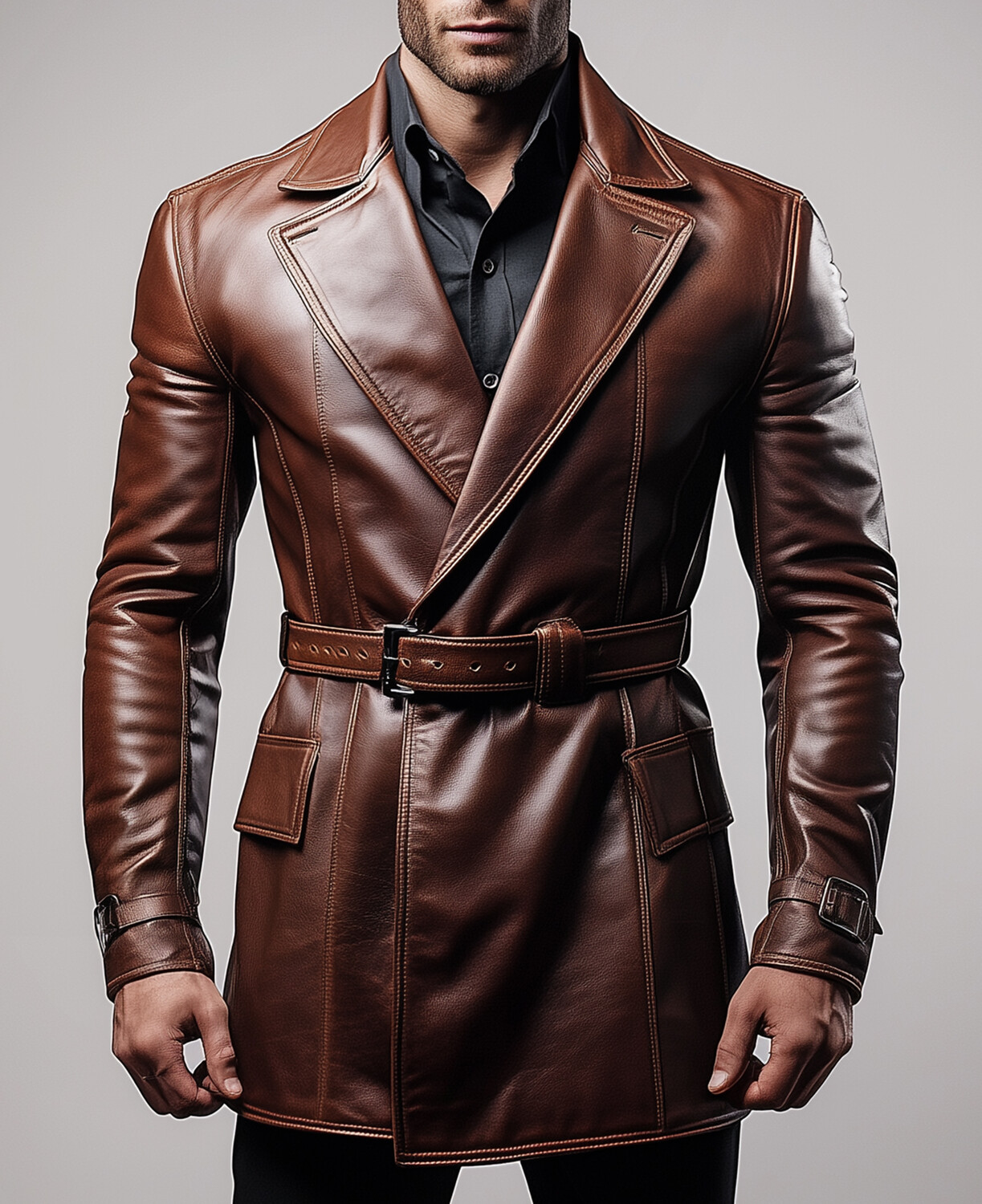 Okaywear Lapel Collar Long Sleeve Belt PU Leather Trench Coat