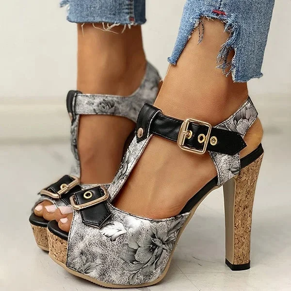 Flower Print Peep Toe Platform Chunky Heels