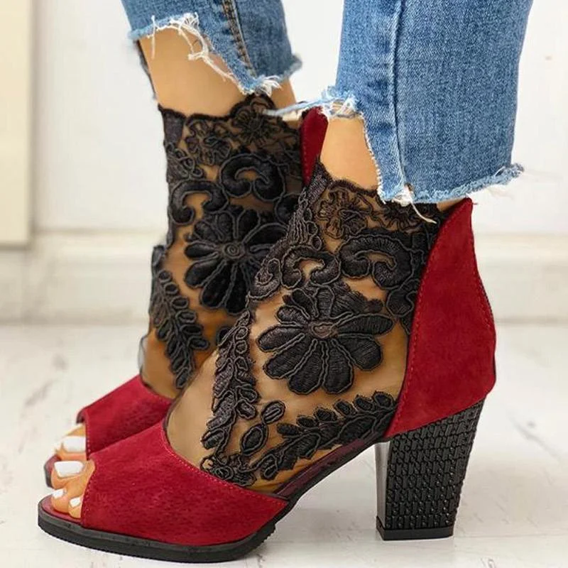 Lace Mesh Insert Chunky Heeled Boots - Womens Fashion Online Shopping