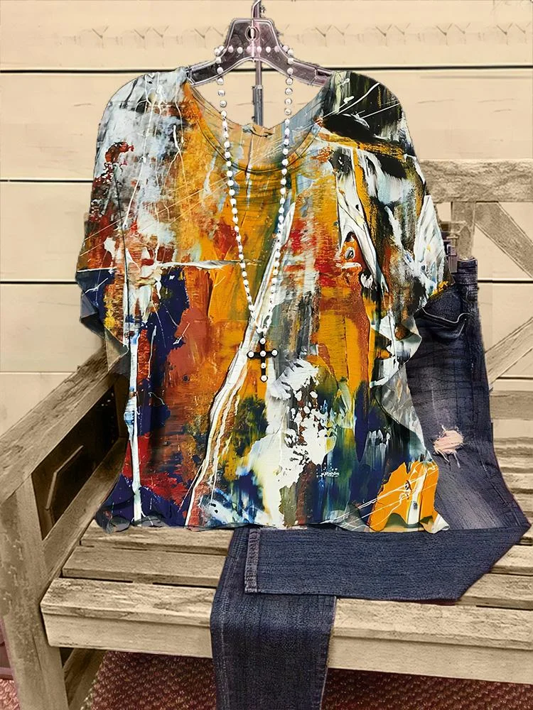 Women's Art Style Print V-neck Half-sleeve T-shirt