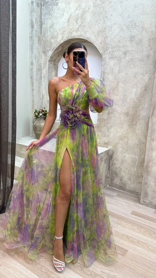 Women's Fashion DressesGREEN SINGLE SLEEVE WAIST ROSE DETAIL FEATHERED TULLE EVENING DRESS