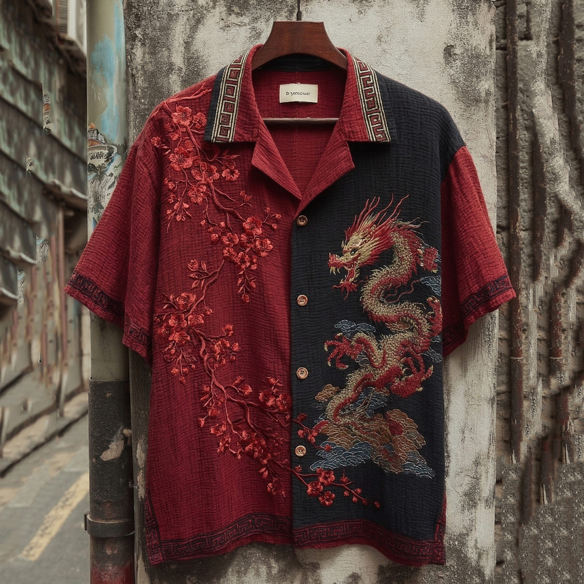 Men's Retro Red Plum With Dragon Color-block Short-sleeve Shirt elevenforest