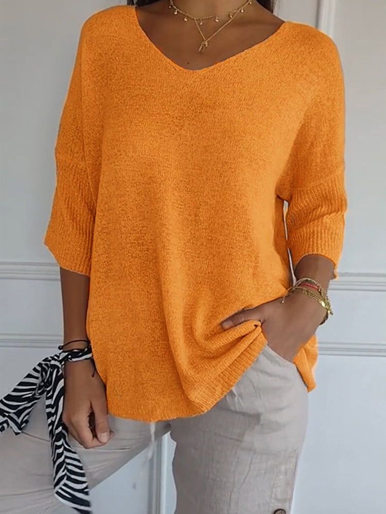 Comstylish Vintage Solid Color Comfy Knitted V-Neck Top