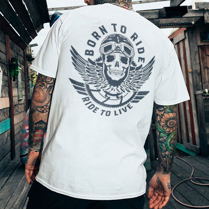 MOTOSUNNY BORN TO RIDE Skull with Helmet and Wings White Print T-shirt