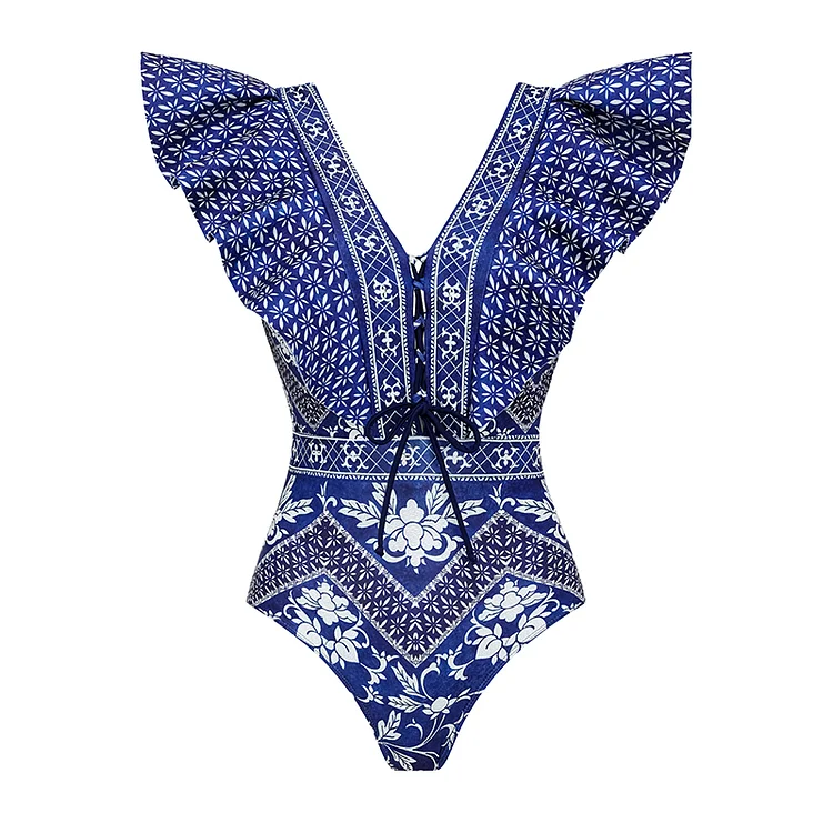 V Neck Ruffle Printed One Piece Swimsuit and Skirt Flaxmaker(Shipped on Dec 24th)