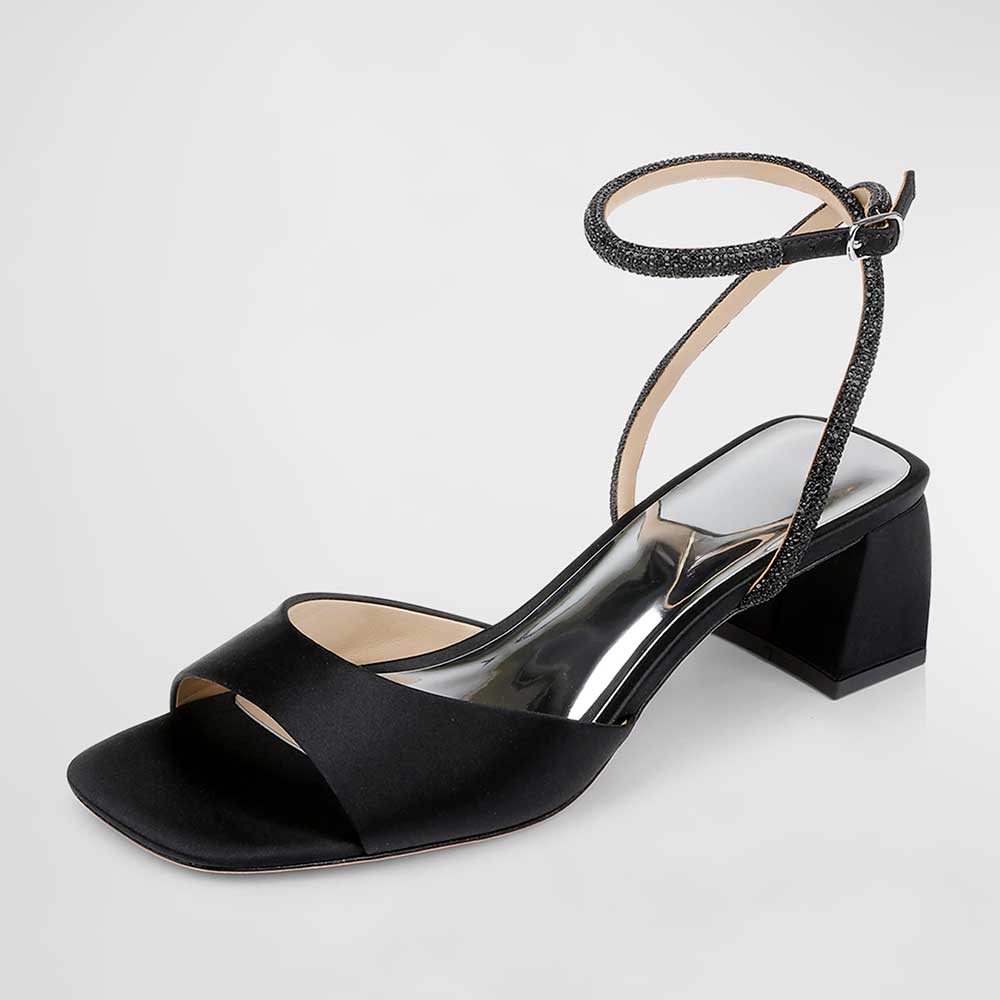 Black Satin Square Toe Chunky Heel Rhinestone Ankle Strap Sandals Nicepairs