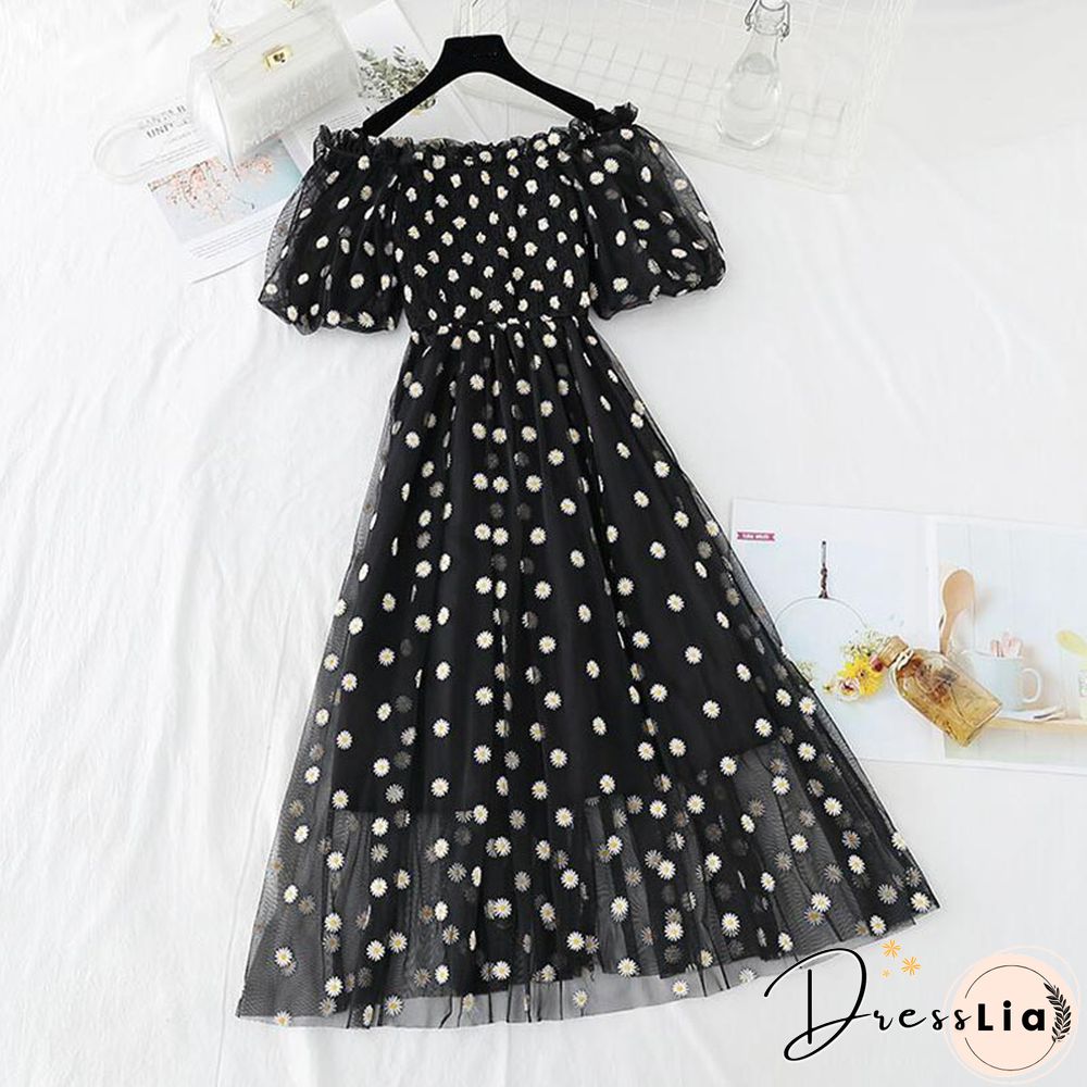 Small Daisies Embroidery Mesh Dresses Women Sexy Off The Shoulder French Vintage Party Ruffle Dresses Elegant Vestidos