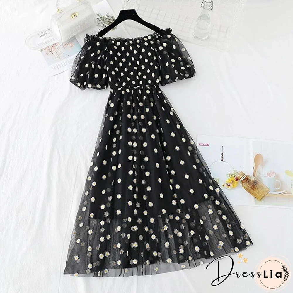 Small Daisies Embroidery Mesh Dresses Women Sexy Off The Shoulder French Vintage Party Ruffle Dresses Elegant Vestidos