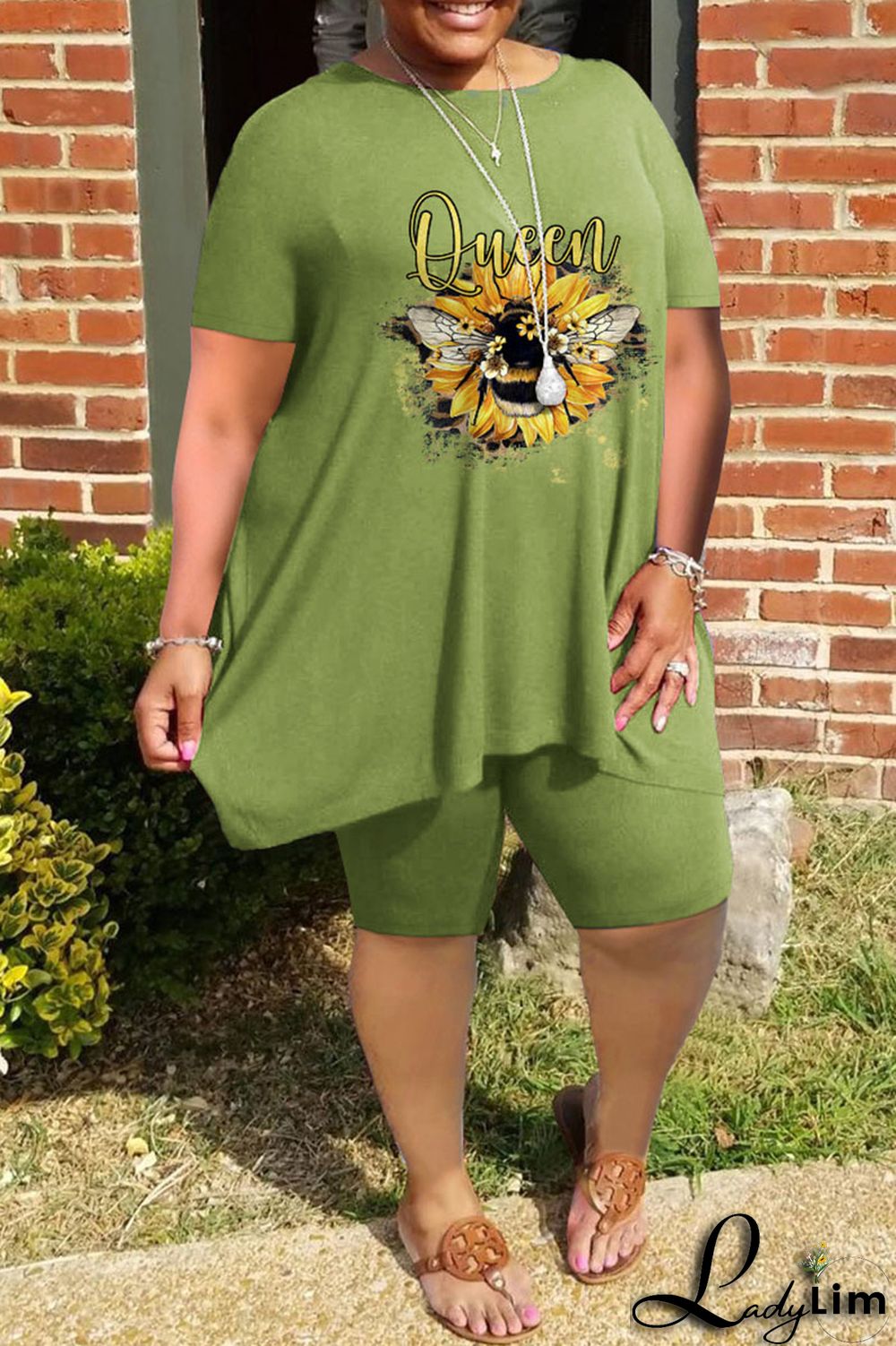 Blue Casual Print Split Joint O Neck Plus Size Two Pieces