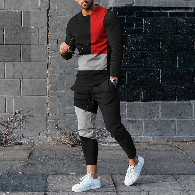 Men's Color Block Stitching Casual Long Sleeve  T-Shirt And Pants Two Piece Set