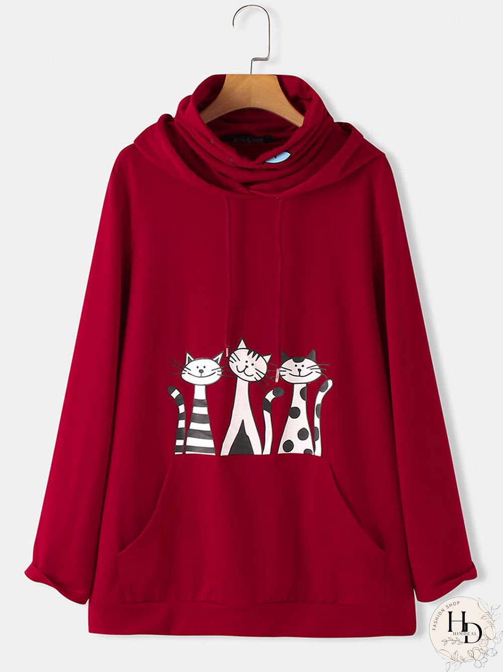 Cartoon Cat Printed Long Sleeve Snood Hoodie With Neck Gaiter
